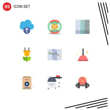 Temizlik, nokta, ızgara düzeni, harita, elektrik düzenlenebilir vektör tasarım elementlerinin 9 Basit Düz Renkli Vektör Satırı Paketi