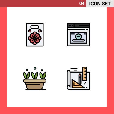 Çiçek, bitki, ağ, zaman, sanat Düzenlenebilir Vektör Tasarım Elementleri için 4 Modern Filledline Düz Renkler Grubu