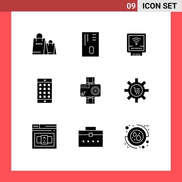 Mobile Interface Solid Glyph Set Pictograms Digital Camera Mechanical Password — Stock Vector