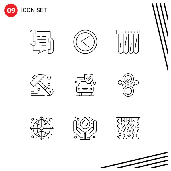 Outline Pack Universal Symbols Security Car User Tool Construction Editable — Stock Vector