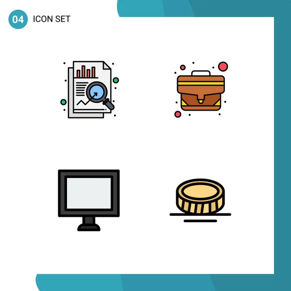 Universal Filledline Flache Farbzeichen Symbole Der Analyse Bildschirm Tasche Bürotasche — Stockvektor