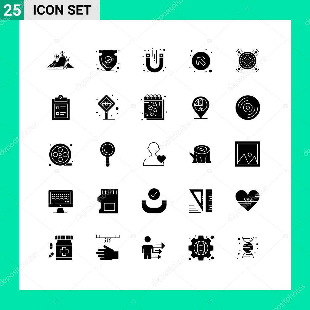 Solid Glyph Pack of 25 Universal Symbols of left up, arrows, trust, arrow, test Editable Vector Design Elements