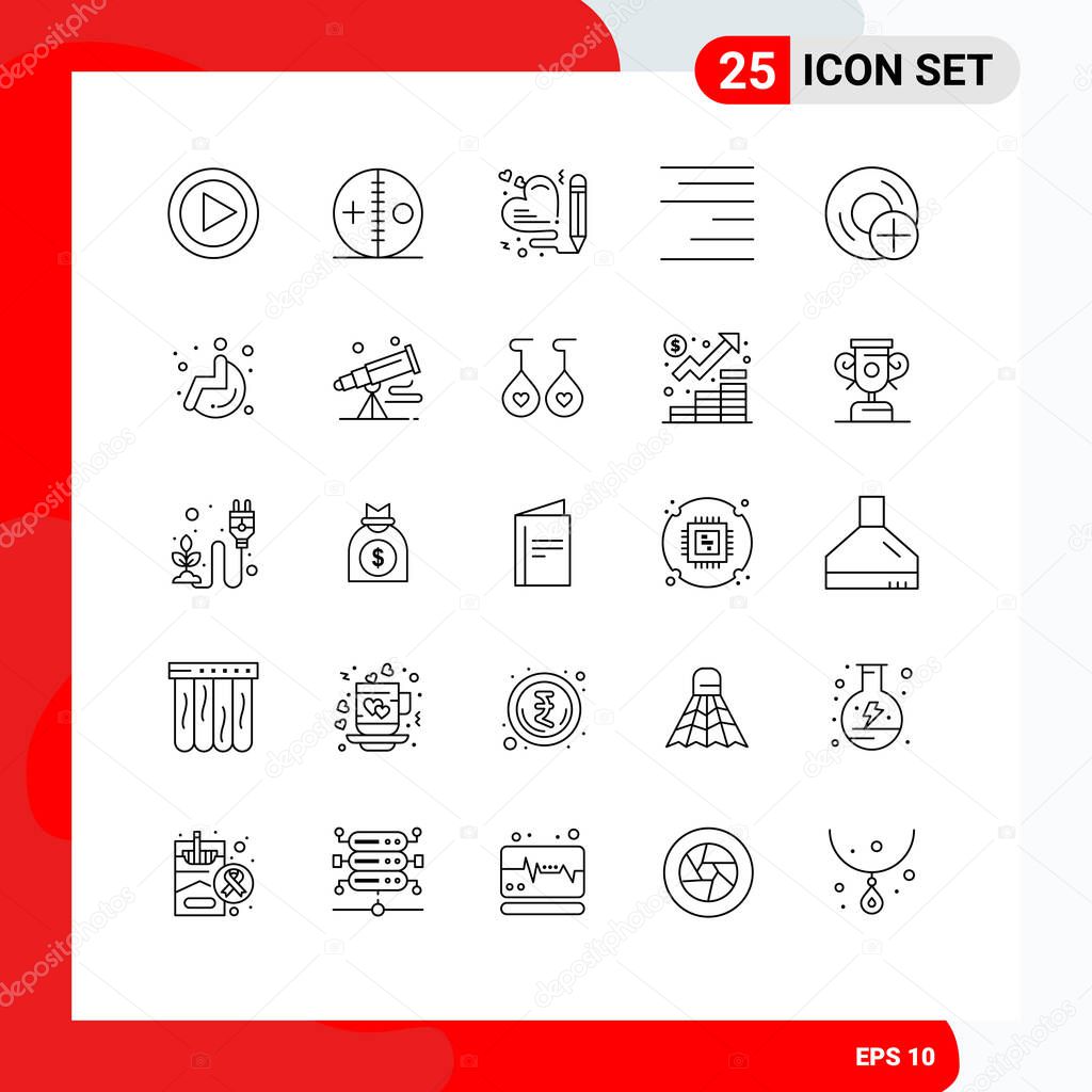 25 Creative Icons Modern Signs and Symbols of devices, add, heart, text, align Editable Vector Design Elements