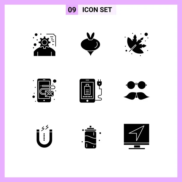 Set Modern Icons Sysymbols Signs Plug Charg Leaf Mobile Email — Archivo Imágenes Vectoriales