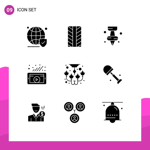 Set Modern Icons Sysymbols Signs Decorate Chandelier Marker Bulb Video — Vector de stock