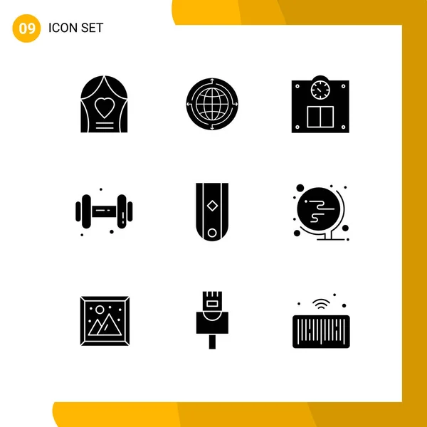 Pictogram Set Simple Solid Glyphs Insignia Dumbell Global Dum Weight — 스톡 벡터