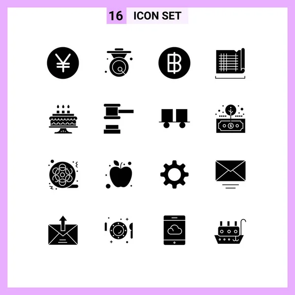 Mobile Interface Solid Glyph Set Pictograms Cake Map Baht House — Stockový vektor