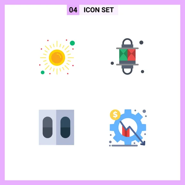 Set Commercial Flat Icons Pack Fitness Festival Sun Light Pills — Stock Vector