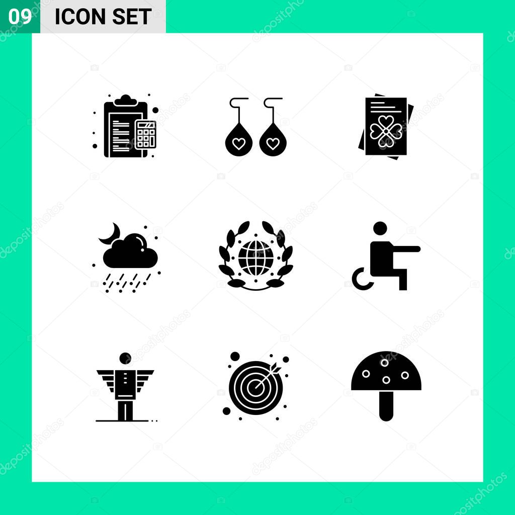Group of 9 Modern Solid Glyphs Set for day, earth, passport, moon, rain Editable Vector Design Elements