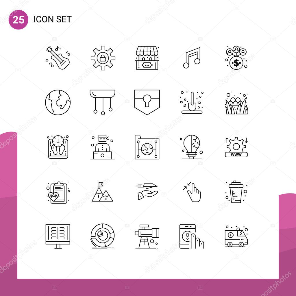 Pictogram Set of 25 Simple Lines of management, music, fun, mobile, basic Editable Vector Design Elements
