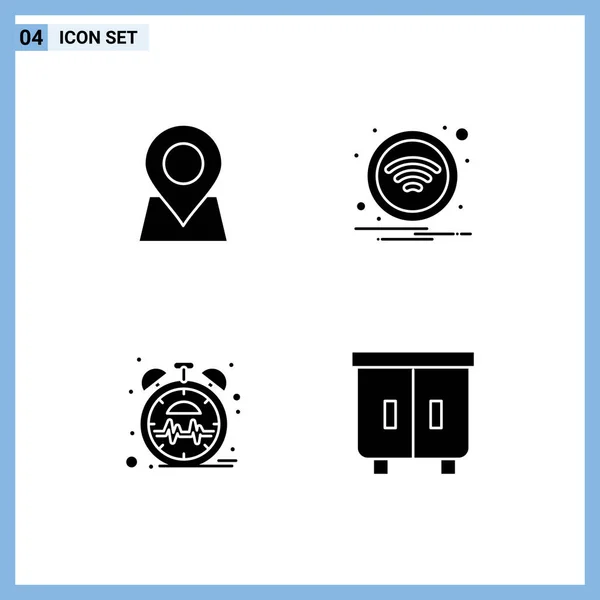 Modern Set Solid Glyphs Symbols Location Heart Pin Wireless Time — Stock Vector