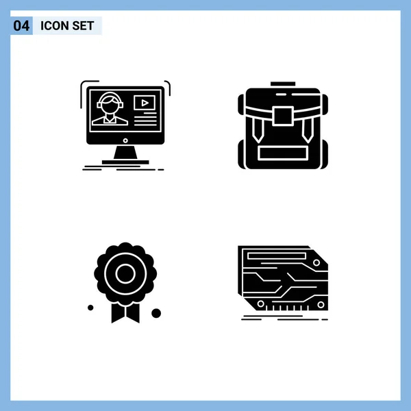 Modern Set Solid Glyphs Pictograph Tutorials Poggyász Online Kemping Medál — Stock Vector