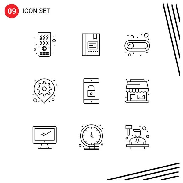 Set Vector Outlines Grid Pin Gps Notebook Gear Switch Editable — Stock Vector