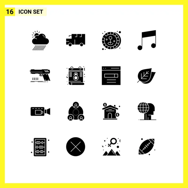 Set Modern Icons Sysymbols Signs Shooter Handgun Coin Gun Music — Vector de stock