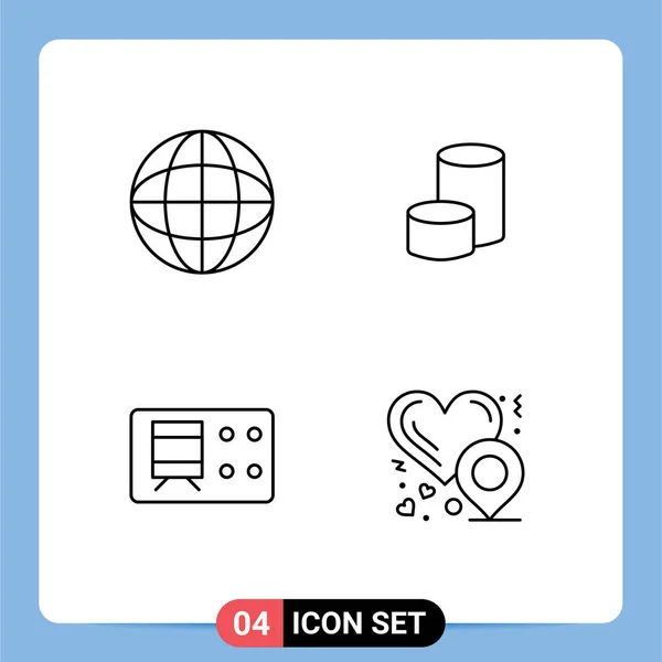 ハートロケーション コイン 愛の場所のための4つの商用ファイルラインフラットカラーパックのセット編集可能なベクトルデザイン要素 — ストックベクタ