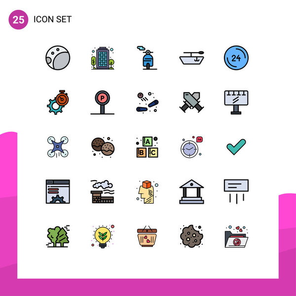 Группа из 25 современных заполненных линий Плоские цвета Набор для передачи, таймер, транспорт, свяжитесь с нами, часы редактируемые элементы векторного дизайна