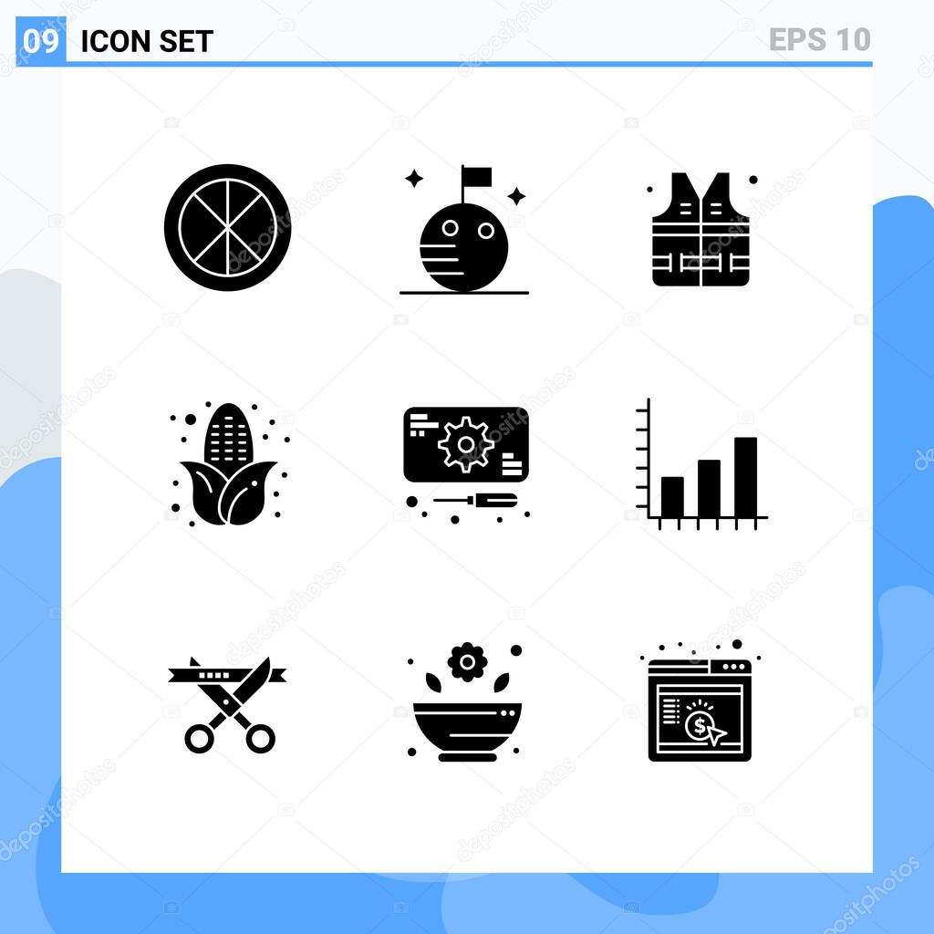 9 User Interface Solid Glyph Pack of modern Signs and Symbols of service, recuperation, lifejacket, development, corn Editable Vector Design Elements