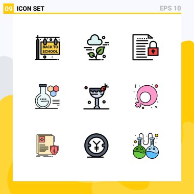 Mobil ve Uygulamalı Web siteleri için 9 Filledline Düz Renk konsepti kokteyli, kimya laboratuvarı, veri, laboratuvar, kağıt Düzenlenebilir Vektör Elemanları