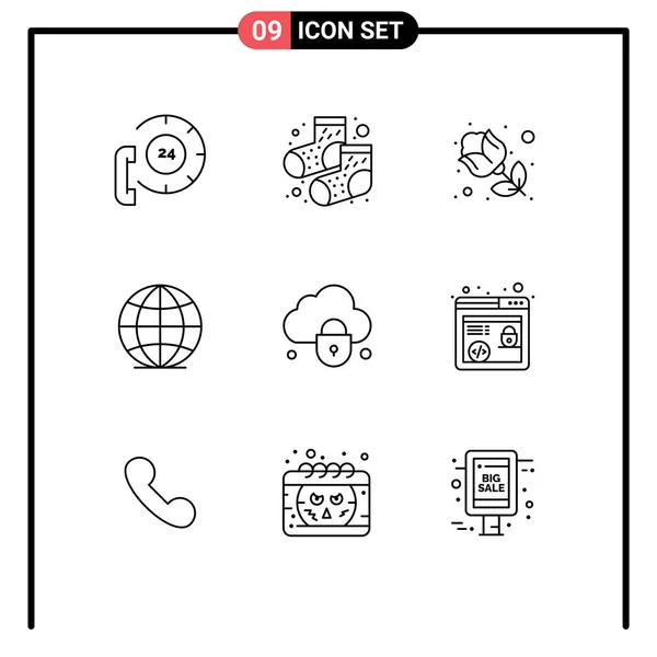 ロック インターネット グローバル編集可能なベクトルデザイン要素の9創造的なアイコン現代の記号とシンボル — ストックベクタ