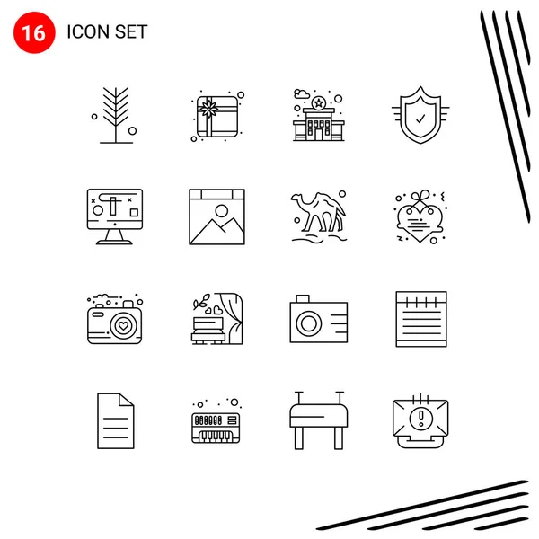 Universele Pictogram Symbolen Groep Van Moderne Contouren Van Display Computer — Stockvector