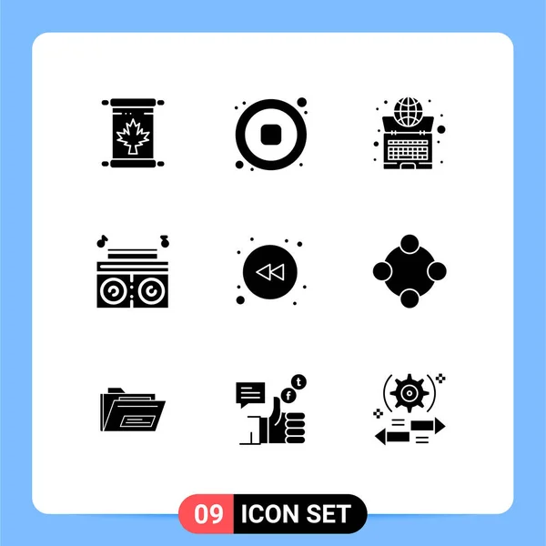 Solid Glyph Pack Universal Symbols Left Radio Global Player Laptop — Stock Vector