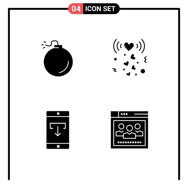 Universal Solid Glyphs Set Web Mobile Applications Bomb Download Heart — Stock Vector