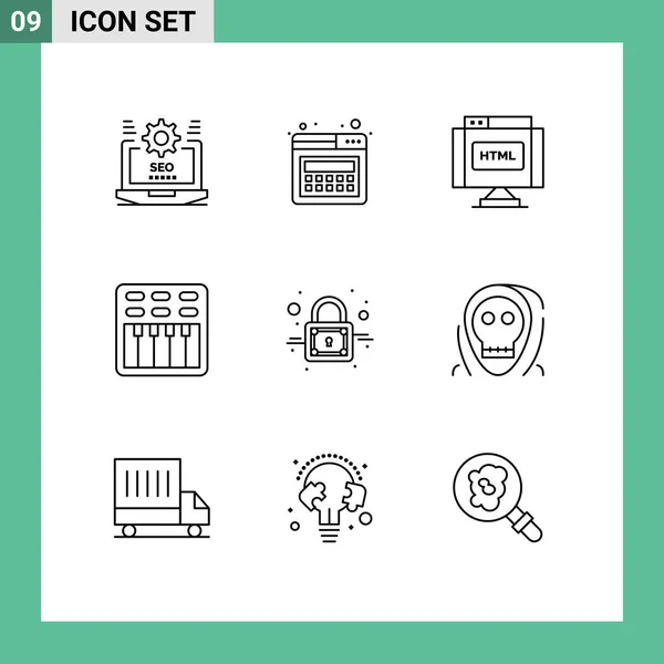 Universal Icon Symbols Group Modern Outlines Lock Sound Code Multimedia — Stock Vector