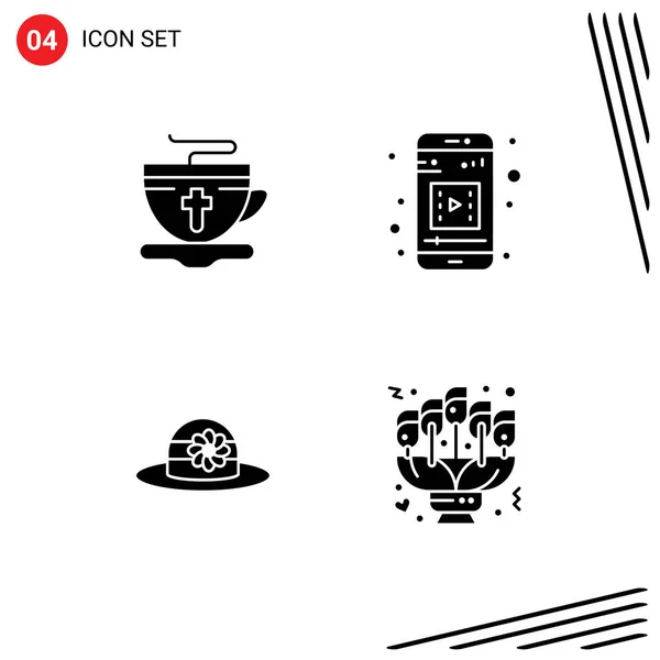 Set Commercial Solid Glyphs Pack Tea Cap Hot Mobile Video — Vector de stock