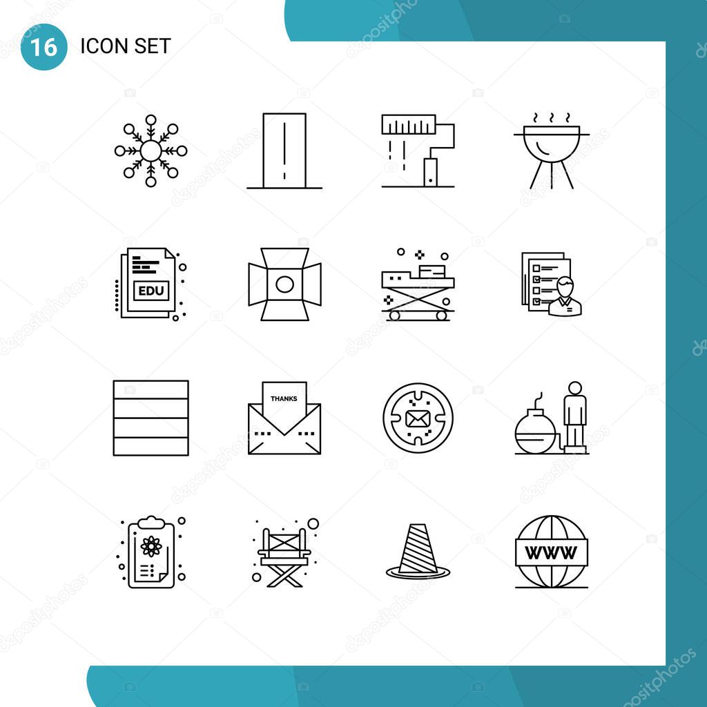 Mobile Interface Outline Set of 16 Pictograms of educate, cook, coding, bbq, programing Editable Vector Design Elements