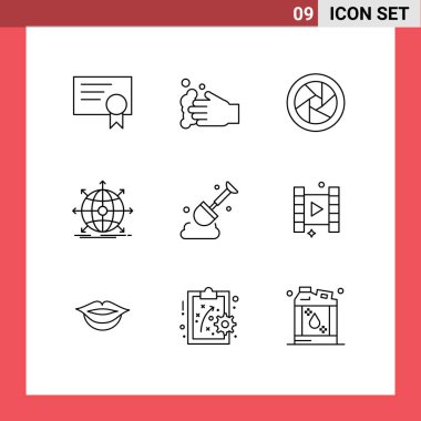 Group of 9 Modern Outlines Set for tool, construction, camera eye, web, international Editable Vector Design Elements clipart