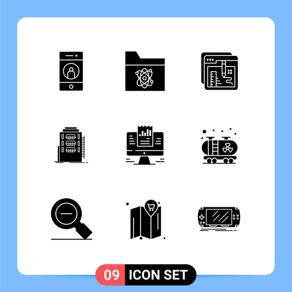 Set Commercial Solid Glyphs Pack Hostel City Space Building Education — Stock Vector