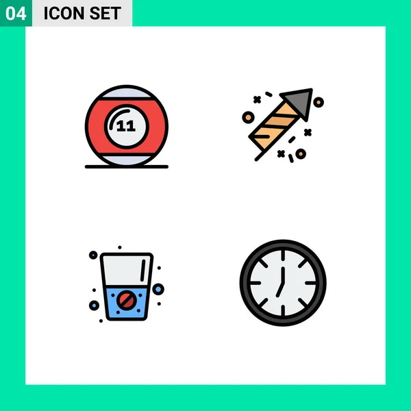 4ユーザーインターフェイスファイルライン現代的な記号とボール プール 時計のシンボルのフラットカラーパック編集可能なベクトルデザイン要素 — ストックベクタ