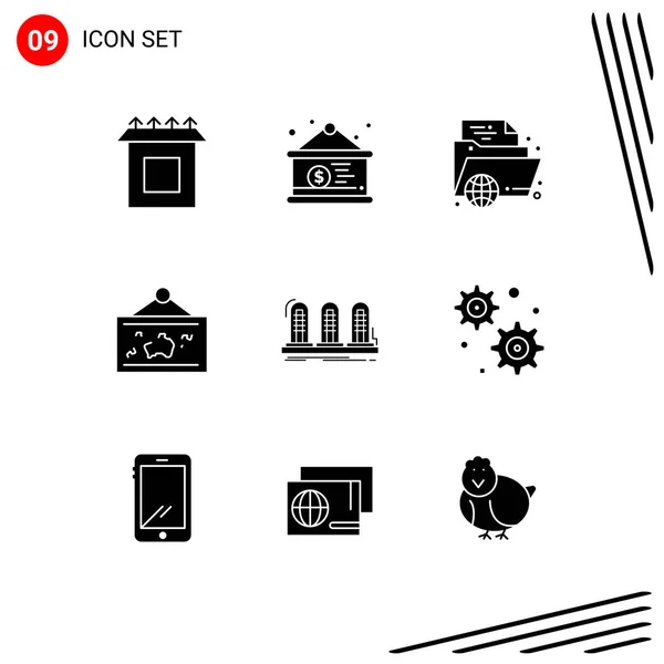 Modern Set Solid Glyphs Symbols Picture Hang Learning Map Online — Stock Vector