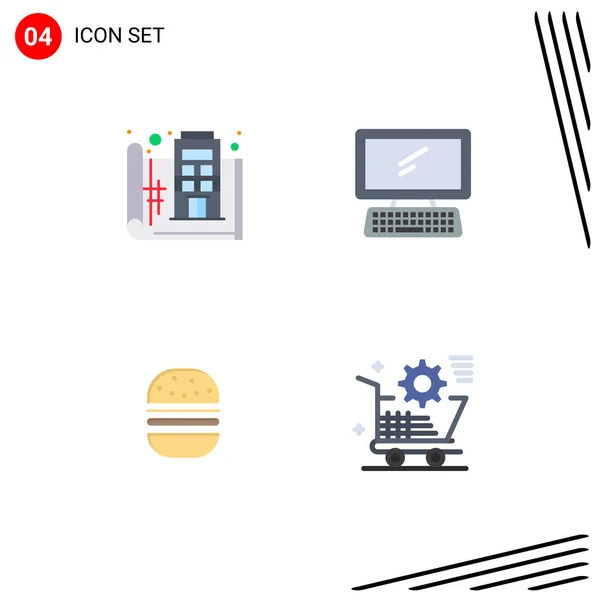 Set Vector Flat Icons Grid Blue Print Plan Monitor Fastfood — Vector de stock