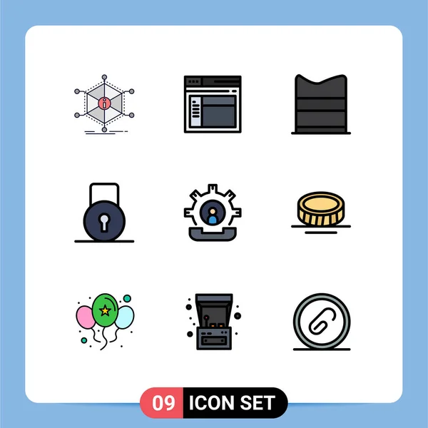 9ユーザーインターフェイスファイルライン現代的な記号や通信のシンボルのフラットカラーパック ウェブサイト ロックパッド ウェブ編集可能なベクトルデザイン要素 — ストックベクタ