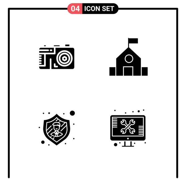 Solid Glyph Pack Universal Symbols Camera Security Education Science Screen — Stock Vector