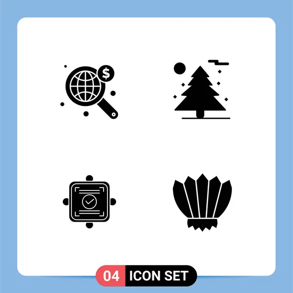 Set Commercial Solid Glyphs Pack Search Card World Tree Diving — Stock Vector