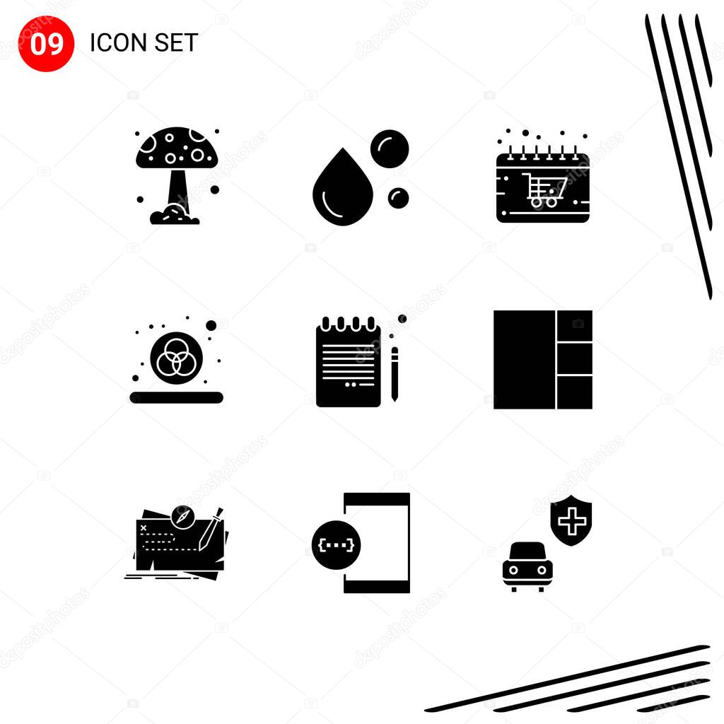 Pictogram Set of 9 Simple Solid Glyphs of book pencil, rgb, calendar, design, shop Editable Vector Design Elements