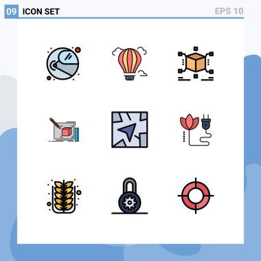 Modern Set of 9 Filledline Flat Colors Pictograph of gps, line, cube, sketch, drawing Editable Vector Design Elements vector