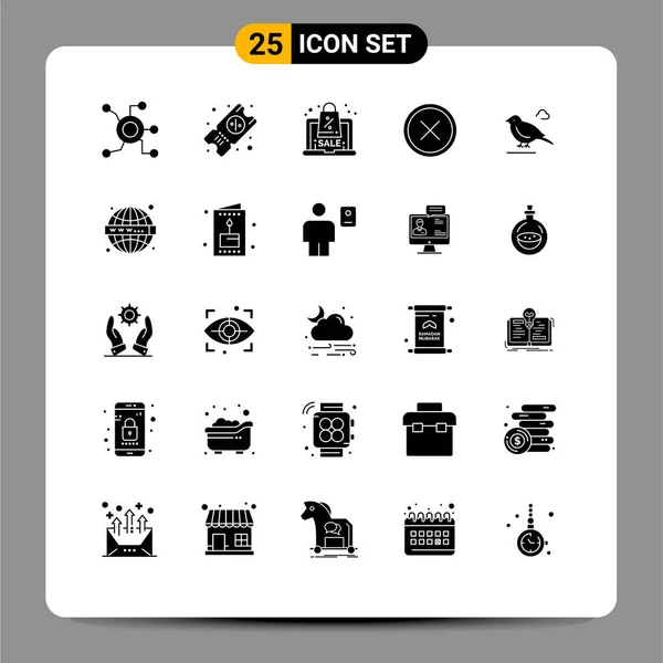 Interface Mobile Glyphe Solide Ensemble Pictogrammes Oiseaux Supprimer Escompte Croix — Image vectorielle