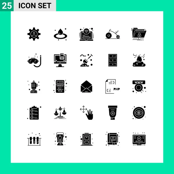 25ユーザーインターフェイス現代的な記号とネットワーク ファイル ホテル 暗号化 自転車のシンボルの固体グリフパック編集可能なベクトルデザイン要素 — ストックベクタ