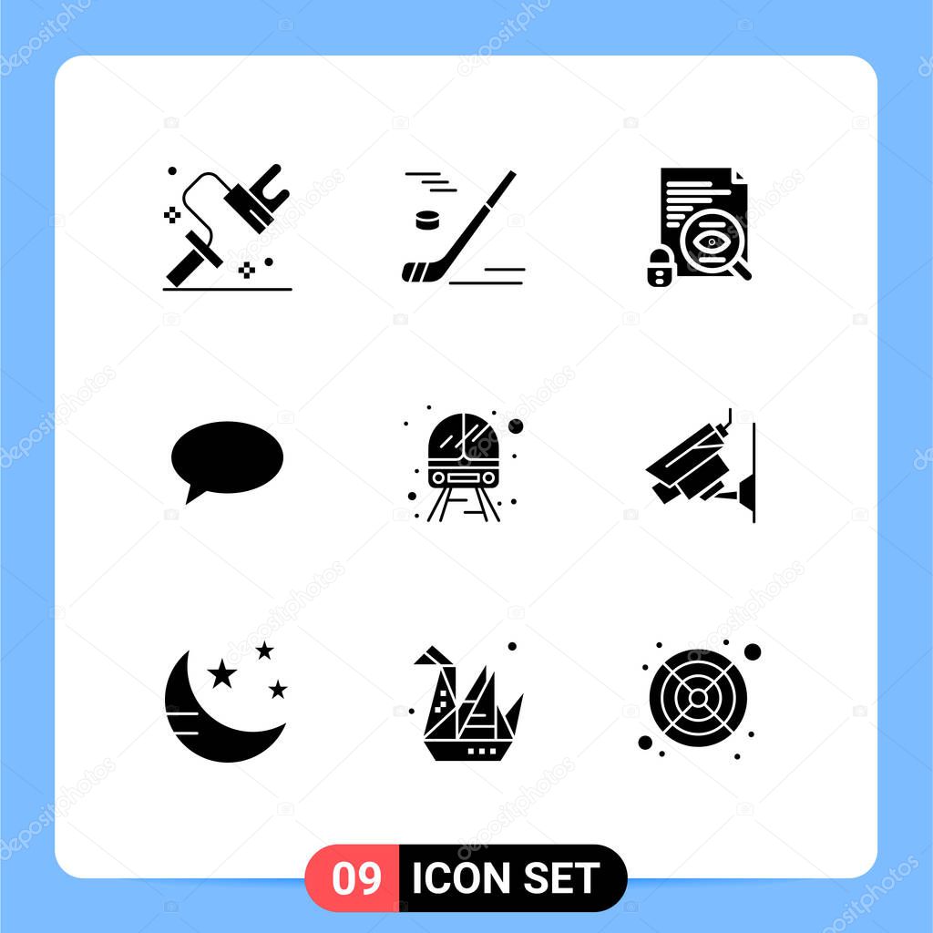 Modern Set of 9 Solid Glyphs Pictograph of public, massege, ice hockey, chating, surveillance Editable Vector Design Elements