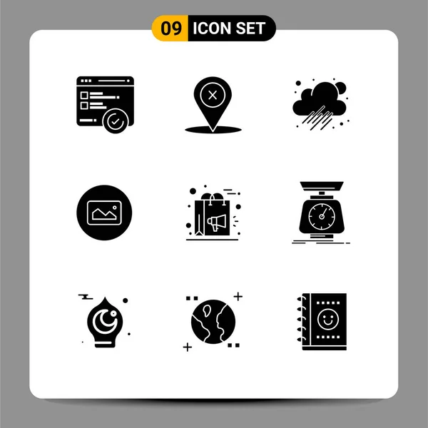 Mobile Interface Solid Glyph Set Pictograms Marketing Bag Cloud Photo — Stock Vector