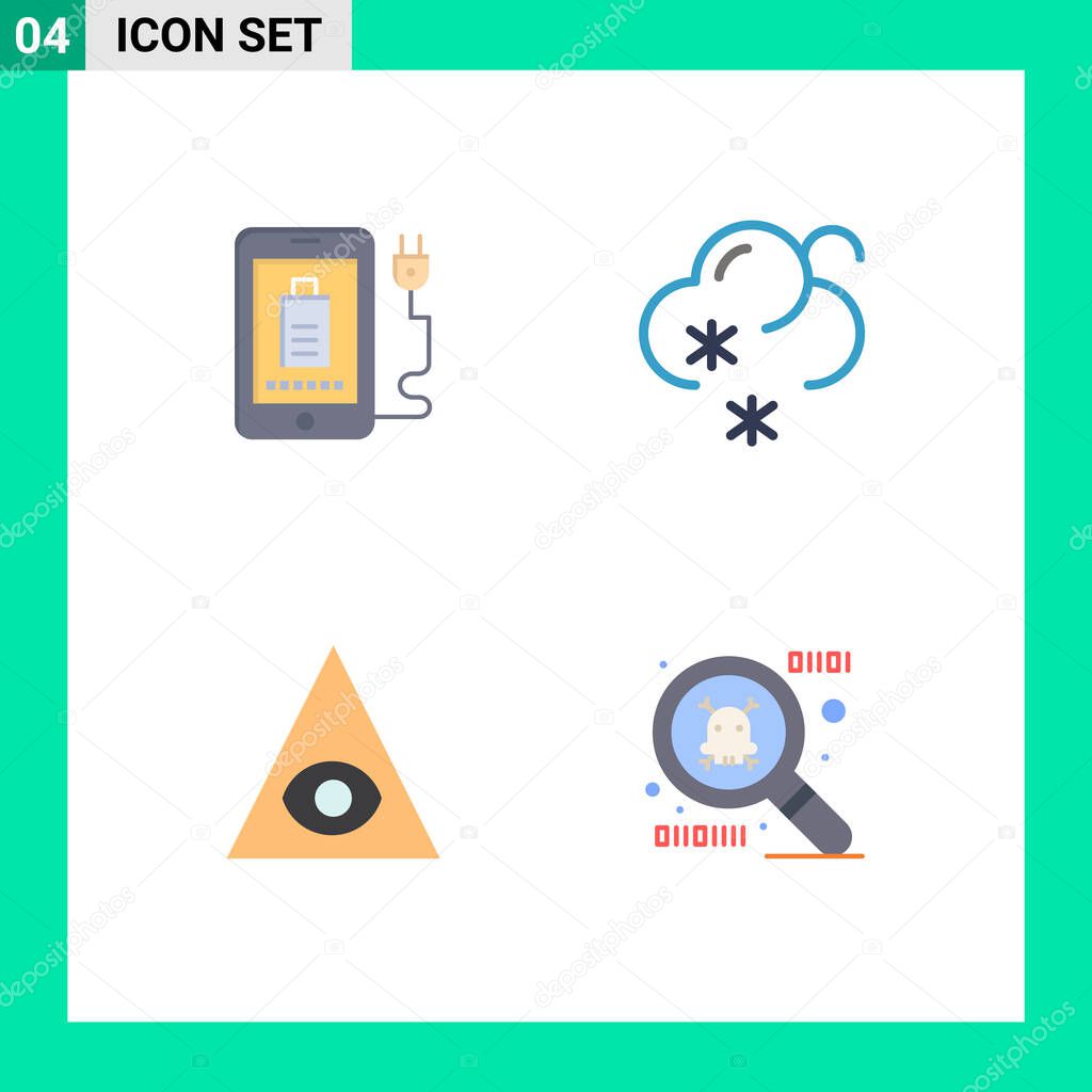Mobile Interface Flat Icon Set of 4 Pictograms of mobile, pyramid, plug, weather, 5 Editable Vector Design Elements