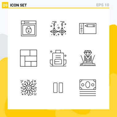 Çanta, sırt çantası, tasarım, bölüm, altın Düzenlenebilir Vektör Tasarım Elemanları gibi 9 Özet ve sembolden oluşan modern küme