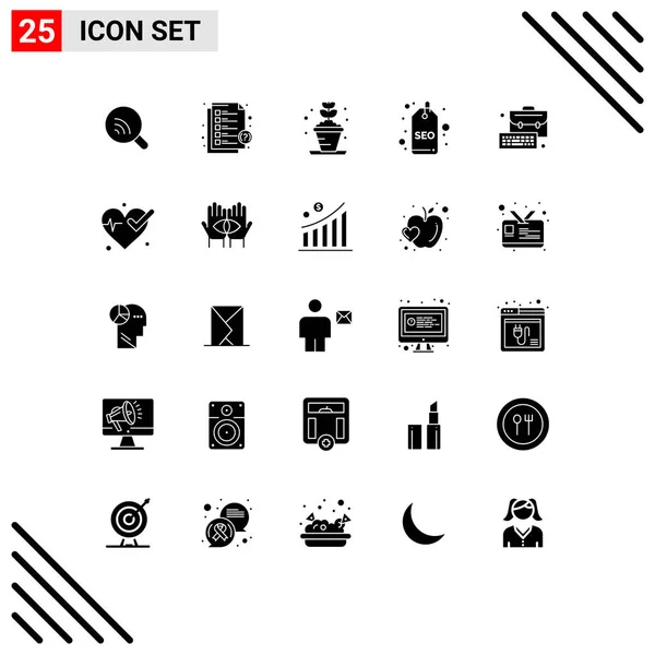 Set Icone Moderne Simboli Segni Borsa Tag Pianta Etichetta Seo — Vettoriale Stock