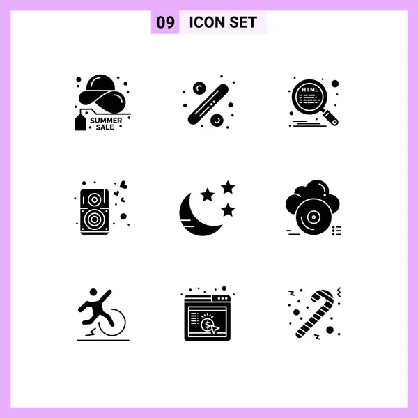 Solid Glyph Pack Universal Symbols Crescent Music Tag Loud Seo — Stockový vektor