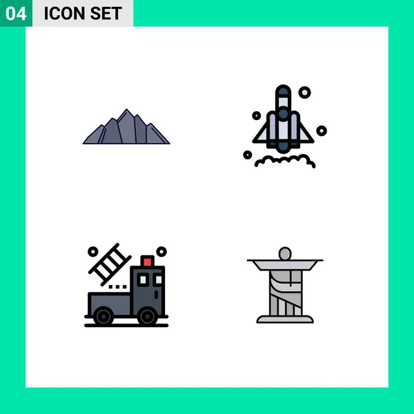 Universal Filledline Flat Color Indica Símbolos Cerro Camión Montaña Cohete — Vector de stock