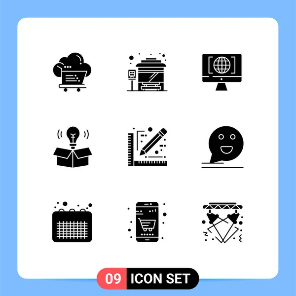 デザイン コンピュータ アイデア ボックスなどのWebプリントメディアのための9つの現代的なソリッドグリフ記号とシンボルのパック編集可能なベクトルデザイン要素 — ストックベクタ