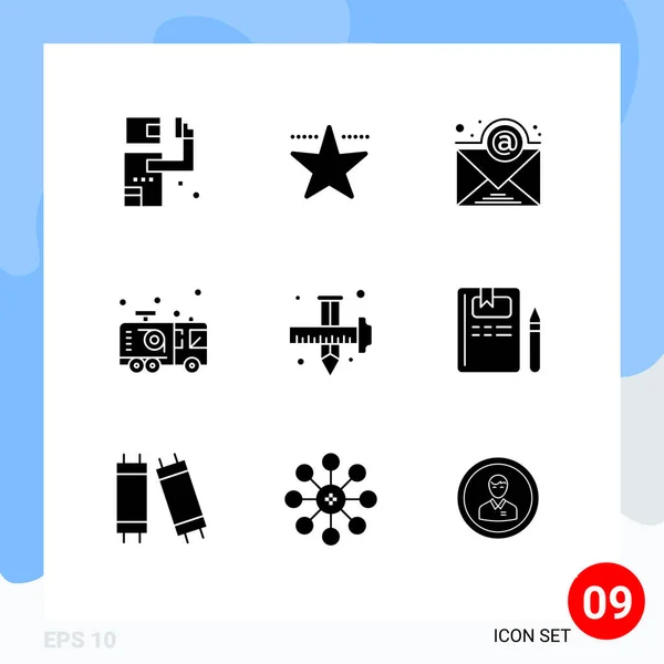 Set Commercial Solid Glyphs Pack Draw Art Newsletter Fireman Fire — Archivo Imágenes Vectoriales